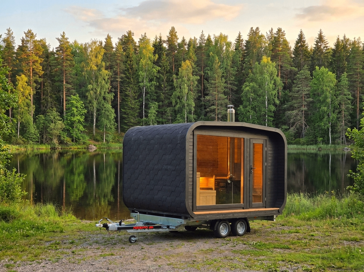 Bastuvagn på trailer vid skogssjö